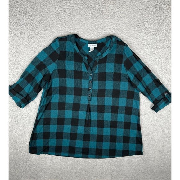 Catherines Women's Top Blouse 0X 14/16W Teal Black 3/4 Roll Tab Pullover - Picture 2 of 10